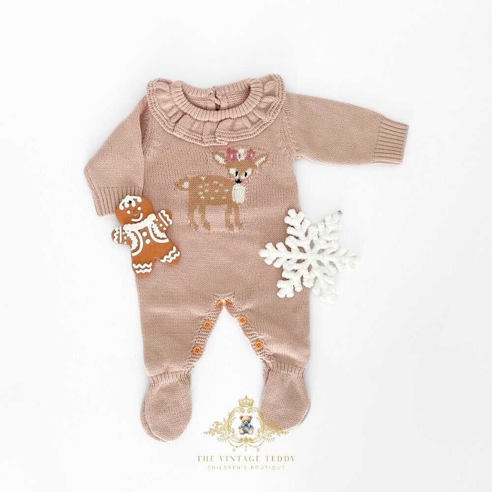 NWT Cute Girls Knit Sweater One-piece Bodysuits Footie Little Deer Mauve 3-6M